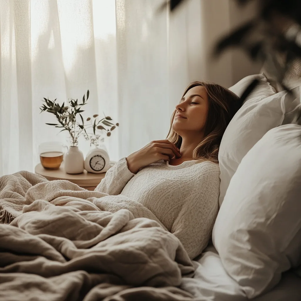 a woman laying in bed doing a deep breathing mindful exercise for her anxiety