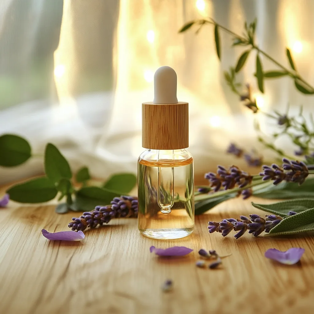 10 Essential Oil Blends for Anxiety and Panic Attacks 1 A small amber glass dropper bottle of essential oil blend for anxiety placed on a rustic wooden surface. Surrounding it are lavender essential oils, rose petals, and a softly glowing candle. This blend promotes anxiety relief and calming and relaxing benefits.