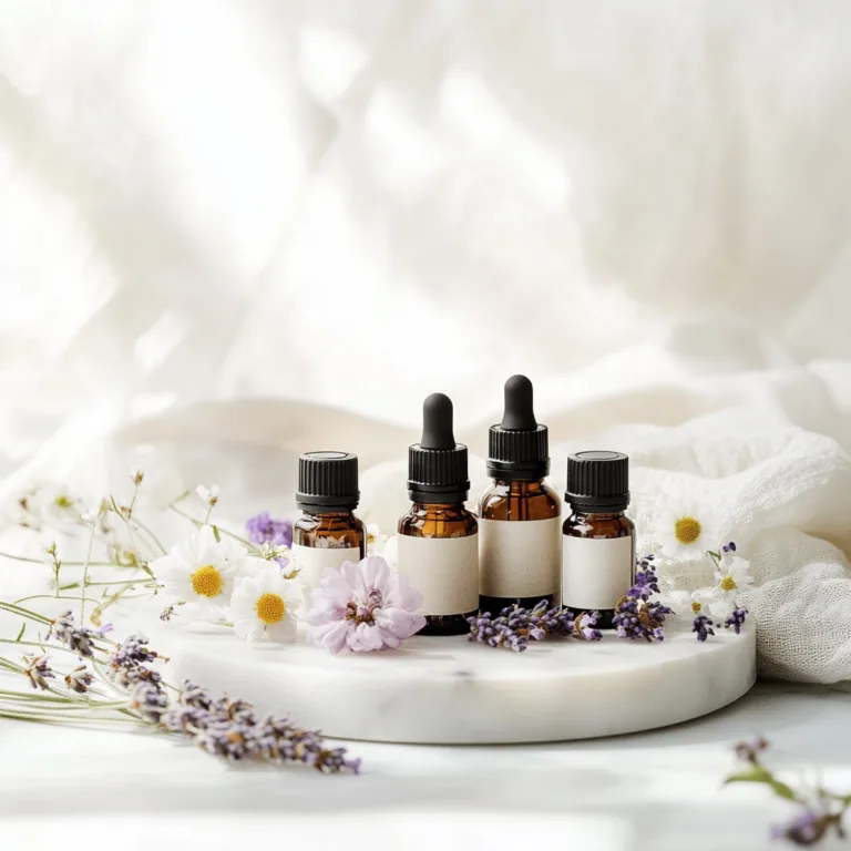 10 Essential Oil Blends for Anxiety and Panic Attacks 5 A set of amber glass essential oil bottles arranged on a white marble tray, surrounded by fresh lavender sprigs, chamomile flowers, and delicate soft fabric. The background features sheer white curtains with natural sunlight filtering through, creating a feminine, calming, and serene atmosphere. This image represents essential oil blends for anxiety and panic attacks, emphasizing natural wellness and relaxation.