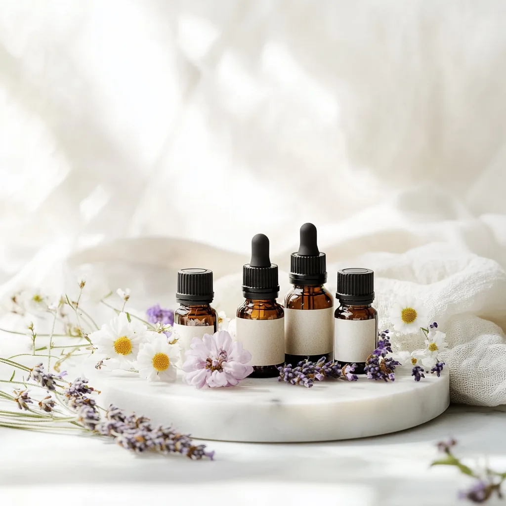 A set of amber glass essential oil bottles arranged on a white marble tray, surrounded by fresh lavender sprigs, chamomile flowers, and delicate soft fabric. The background features sheer white curtains with natural sunlight filtering through, creating a feminine, calming, and serene atmosphere. This image represents essential oil blends for anxiety and panic attacks, emphasizing natural wellness and relaxation.