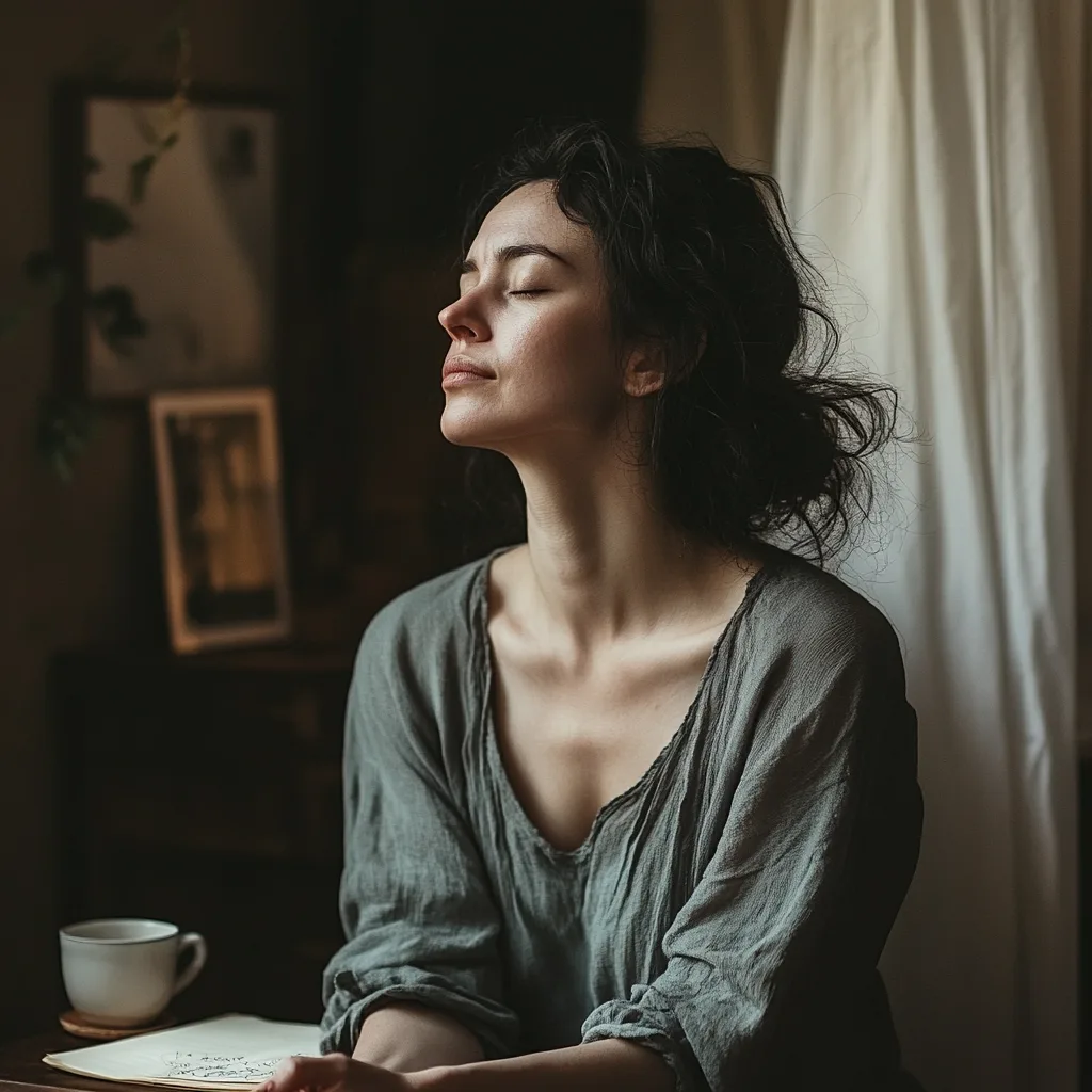 a mom practicing deep breaths to reduce her anxiety during her toddlers' meltdown