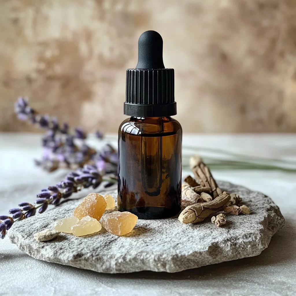 10 Essential Oil Blends for Anxiety and Panic Attacks 9 A dark amber bottle of essential oil blend for panic attacks, sitting on a stone surface with lavender essential oils, frankincense resin, and cedarwood bark. This blend promotes mental health and deep relaxation.