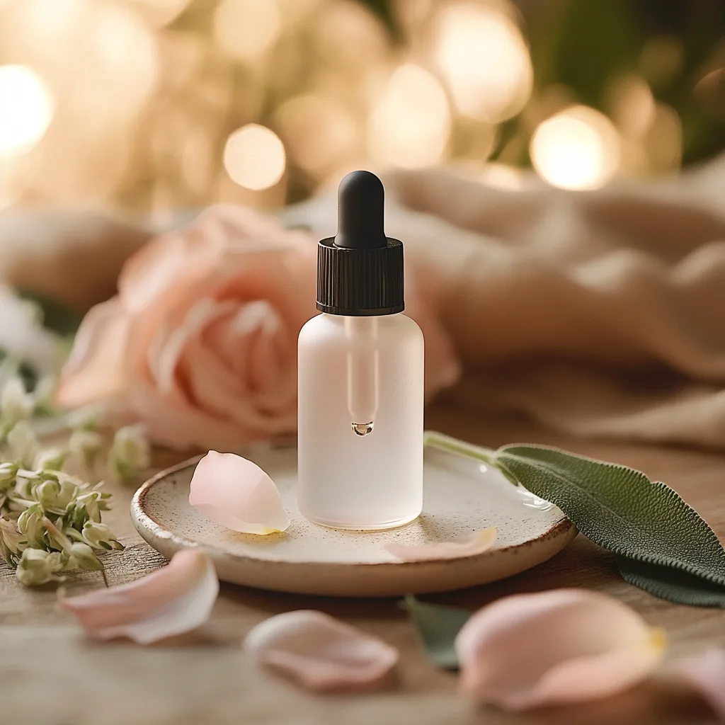 10 Essential Oil Blends for Anxiety and Panic Attacks 8 A frosted glass dropper bottle of essential oil for anxiety relief, placed on a ceramic dish. Around it are rose essential oils, clary sage leaves, and a cozy linen fabric, making this blend perfect for emotional balance and calming and relaxing effects.