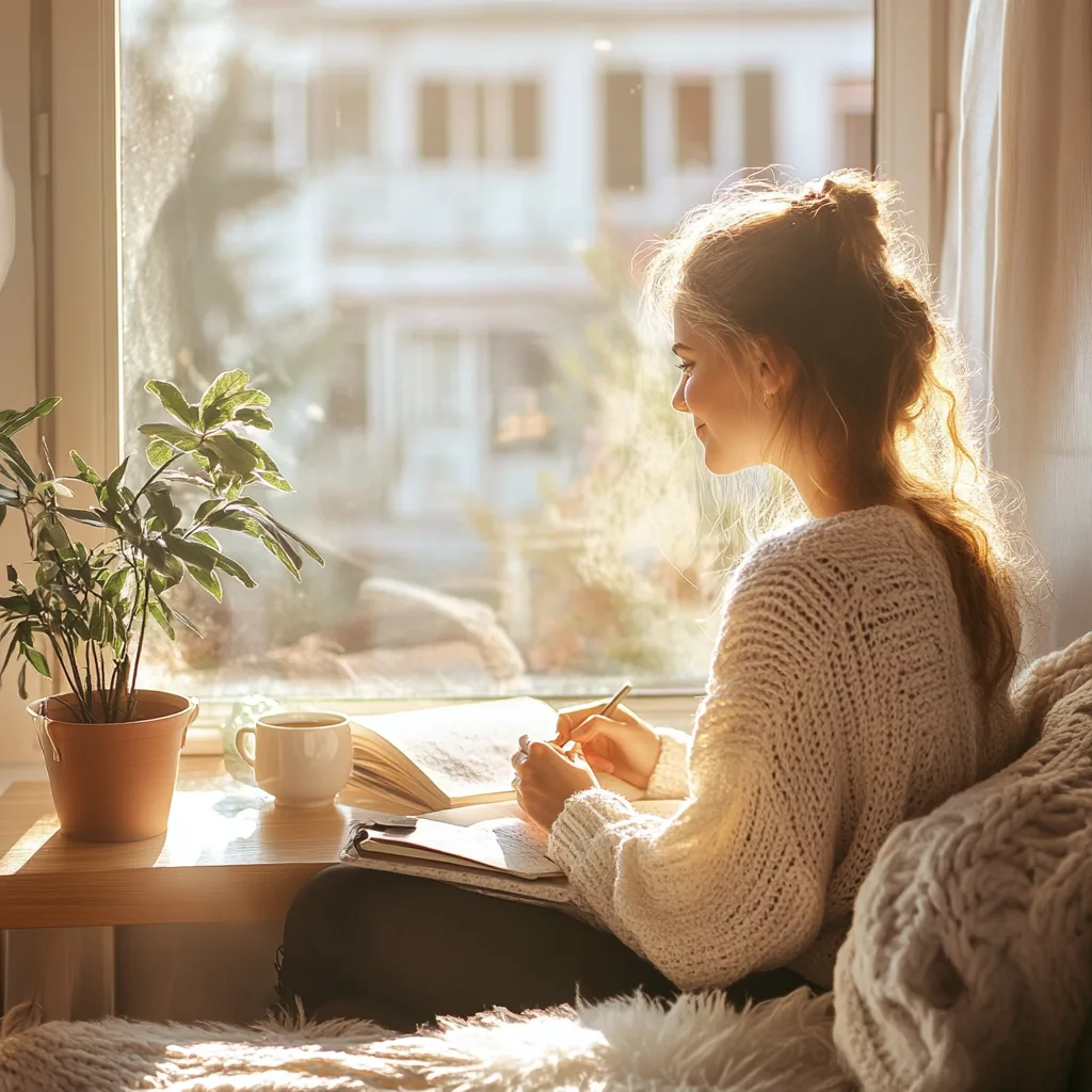A serene woman sits in a sunlit living room, journaling peacefully with a warm cup of tea nearby.