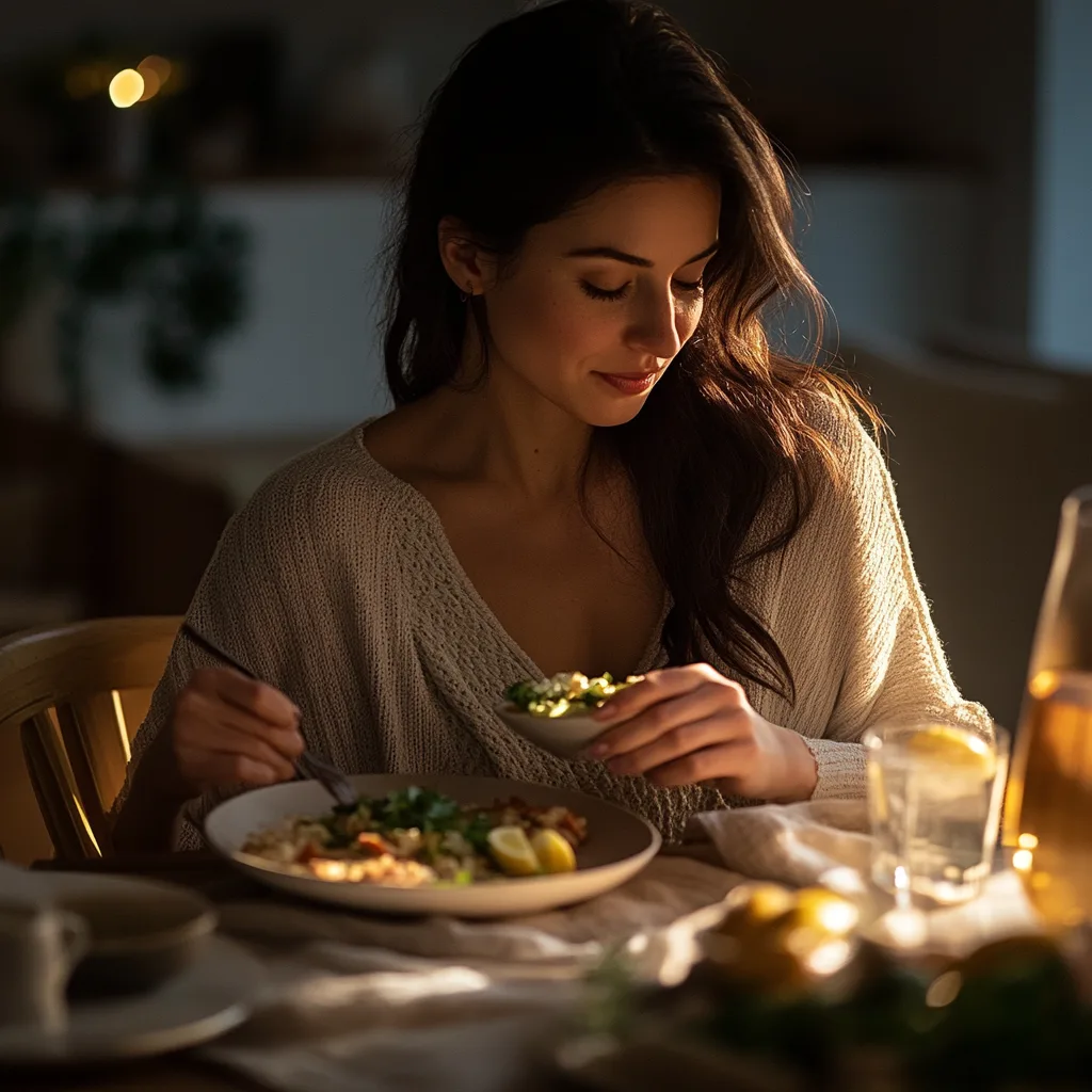 a mom eating dinner and practicing mindful eating to relax after a stressful day