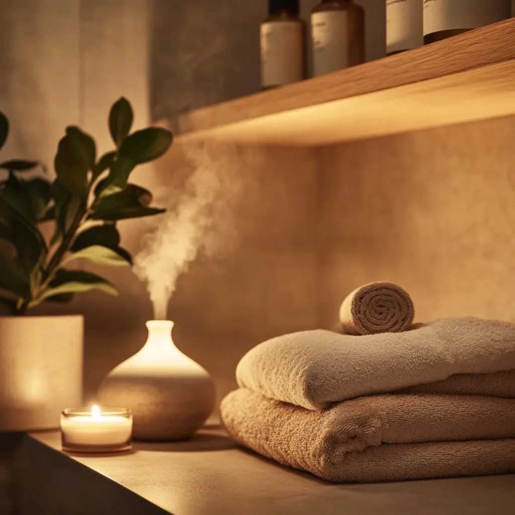 A serene bathroom setting with soft lighting, neatly folded towels, a diffuser releasing a gentle mist, and a lit candle, creating a tranquil space for relaxation and mindfulness.