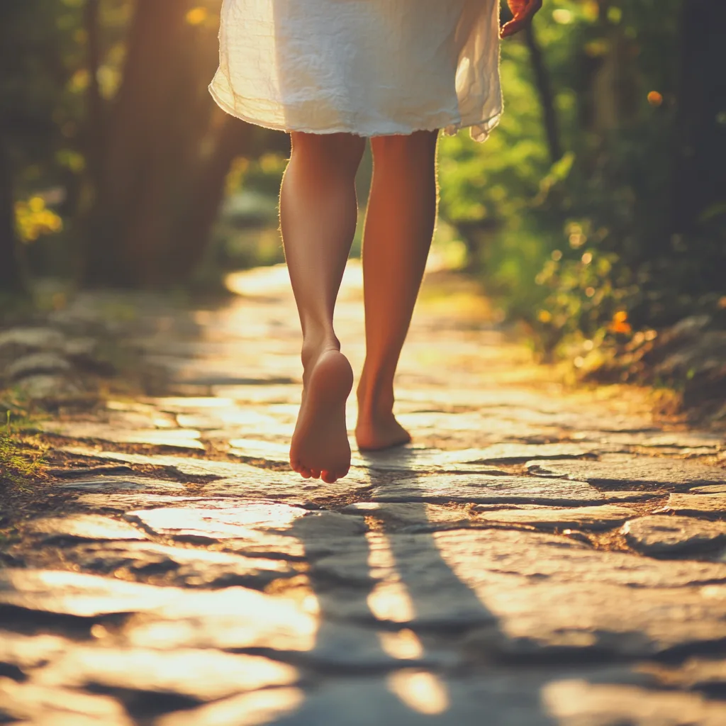 a busy mom practicing mindful walking to reduce her stress and calm her anxiety