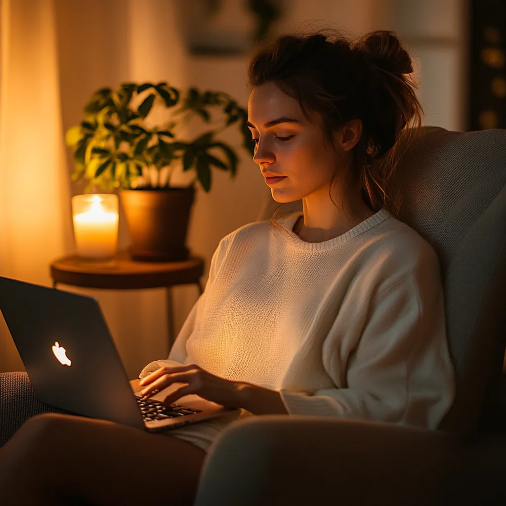 a mom sitting her in cozy corner following a mindful based stress reduction activity on her laptop to reduce anxiety and keep calm. 