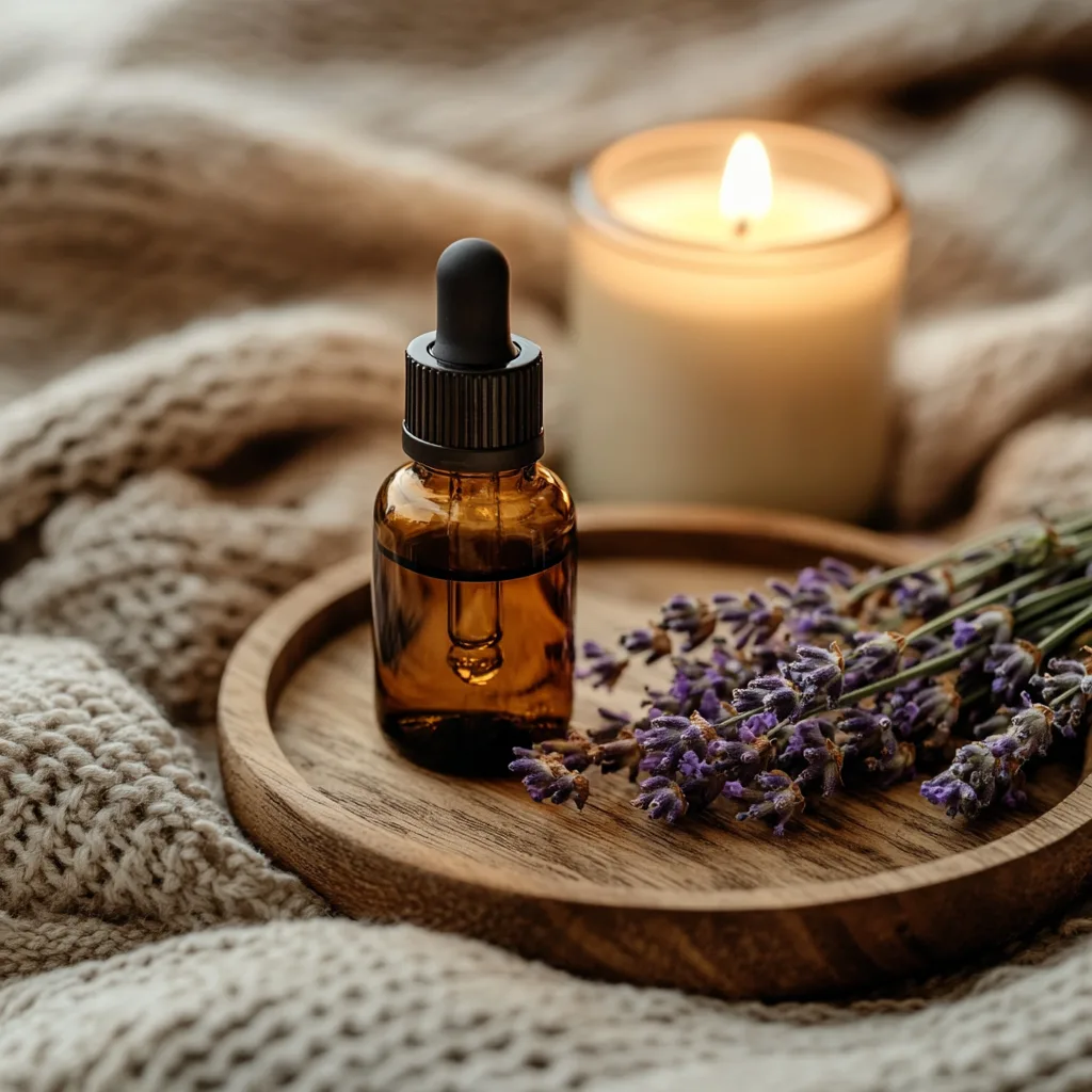 10 Essential Oil Blends for Anxiety and Panic Attacks 7 A dark amber bottle of essential oil blends for anxiety and panic attacks, placed on a black stone surface. Dried lavender essential oils, patchouli, and earthy dried leaves surround it, creating a grounding blend for reducing anxiety and stress.