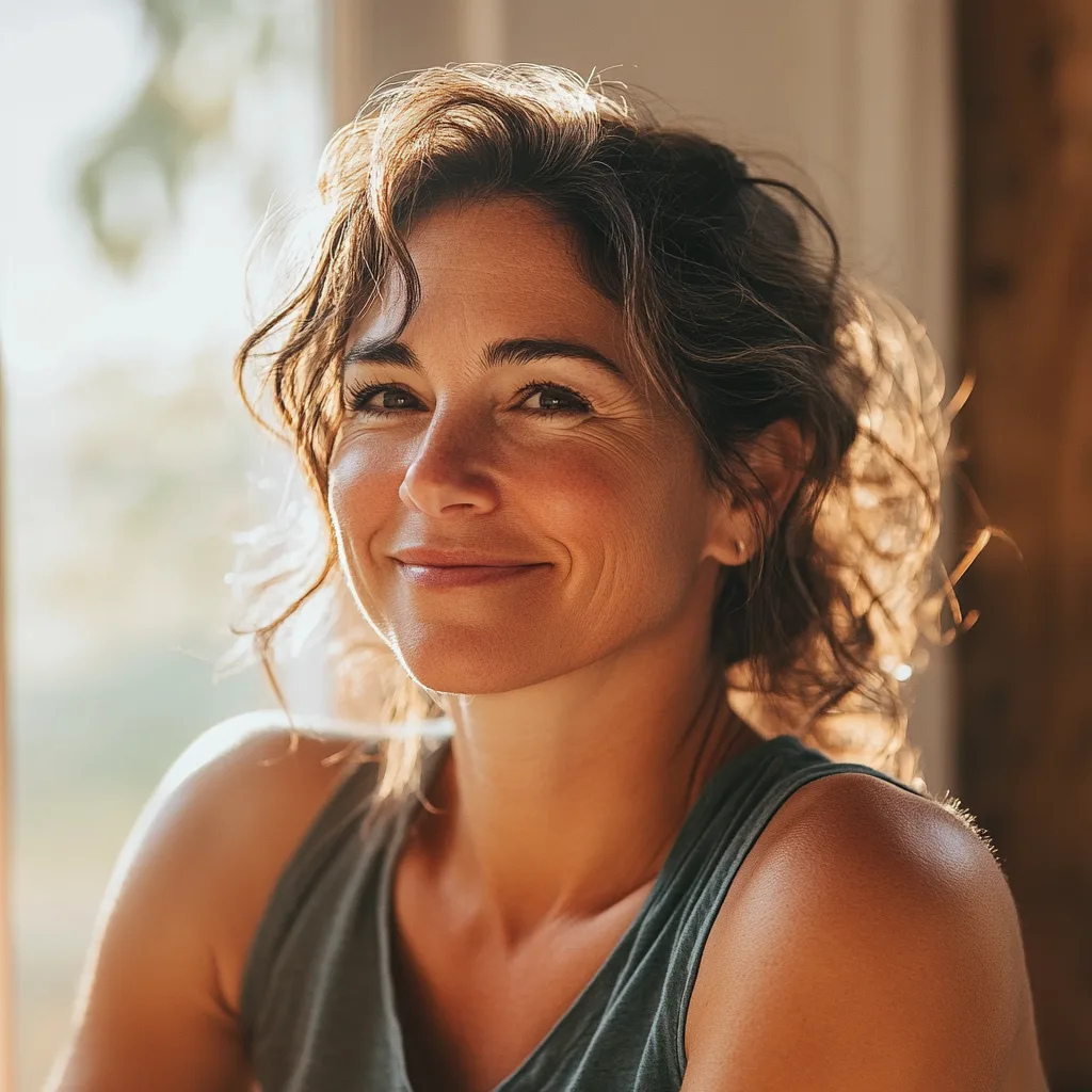 Confident woman smiling gently in soft sunlight, representing positive experiences and transformation from taking Primal Queen supplements.