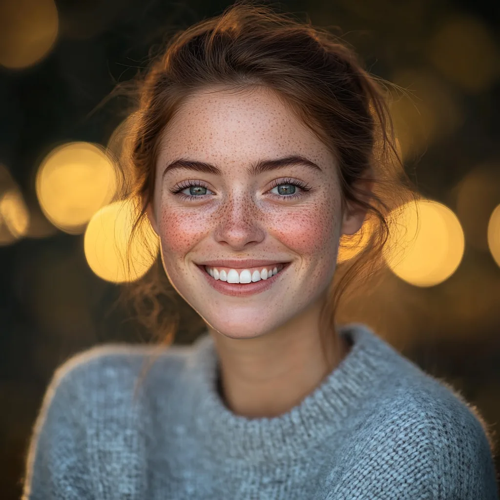 Freckled woman in cozy sweater smiling warmly, symbolizing energy, emotional balance, and real-life Primal Queen reviews from study participants.