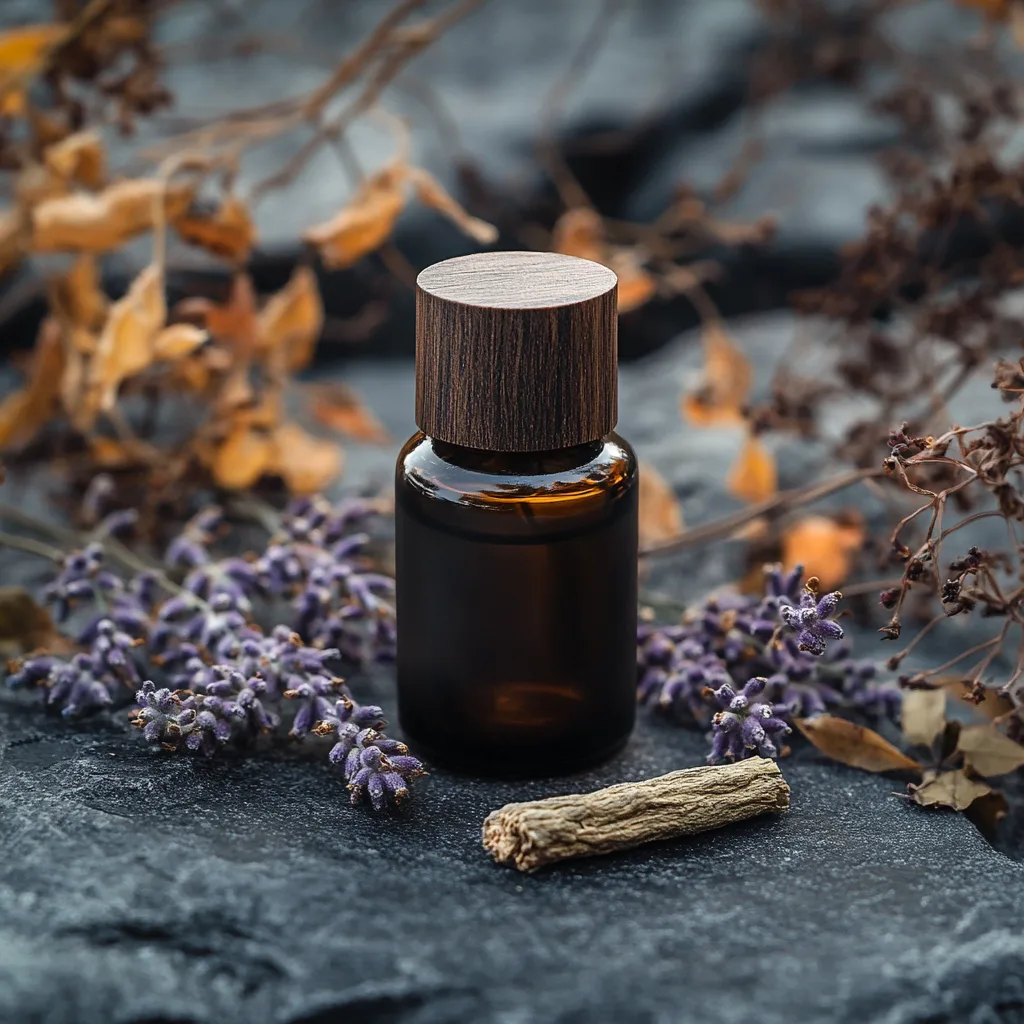 10 Essential Oil Blends for Anxiety and Panic Attacks 2 A dark amber essential oil blend for panic attacks bottle with a dropper, placed on a stone surface. Around it are lavender oil, frankincense resin, and dried herbs. This blend helps reduce anxiety and supports mental health.