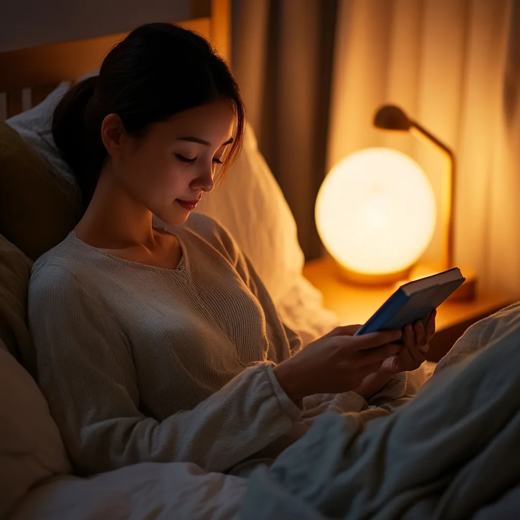 A woman relaxing in bed at night, reading a book under the warm glow of a bedside lamp, creating a peaceful atmosphere for unwinding and practicing mindfulness activities for anxiety before sleep.