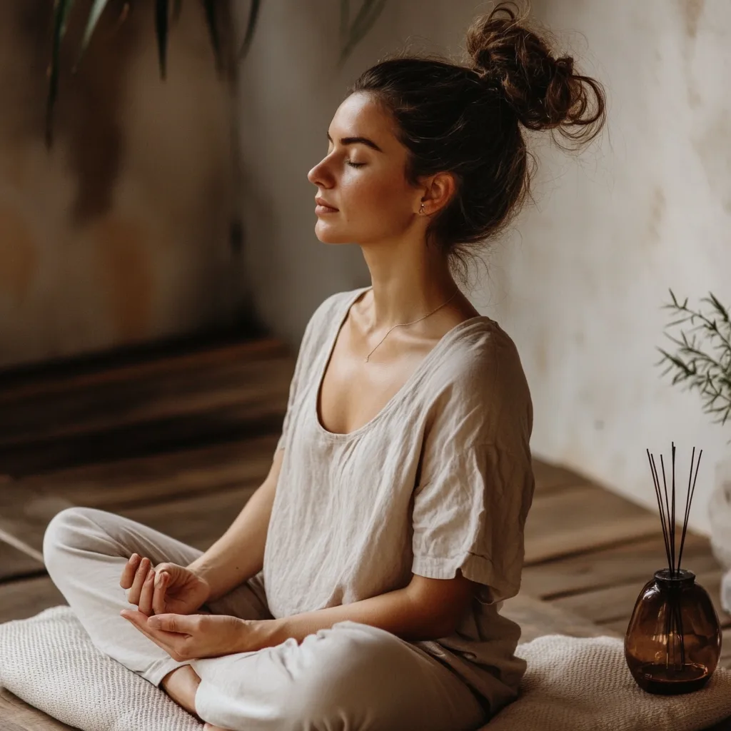 a mom doing yoga to reduce stress and practicing grounding mantra as a mindfulness activity for anxiety