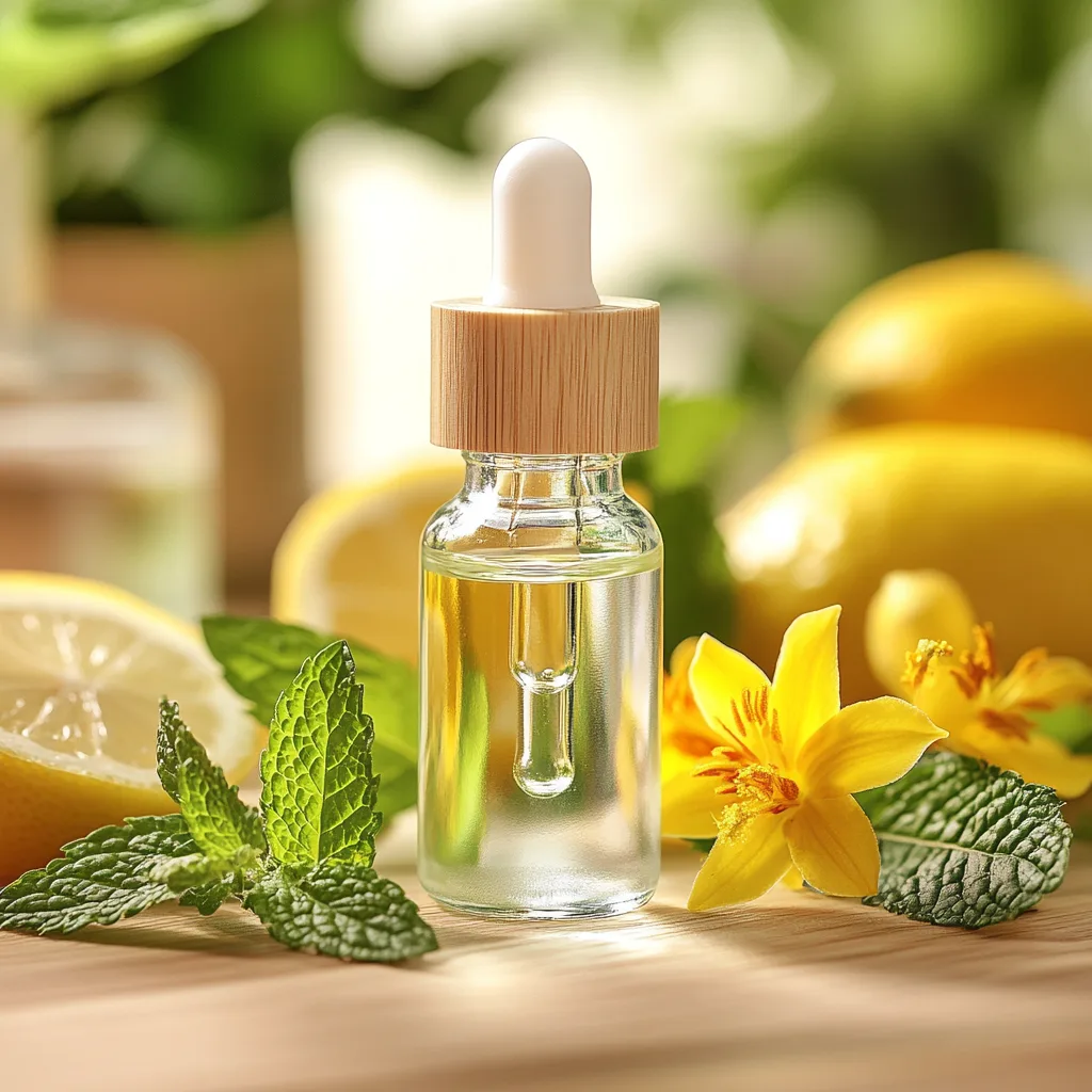 10 Essential Oil Blends for Anxiety and Panic Attacks 6 A small glass bottle of essential oil for anxiety relief, sitting on a wooden surface. Around it are ylang ylang, peppermint leaves, and lemon slices, making this blend perfect for boosting mental health and reducing feelings of stress.
