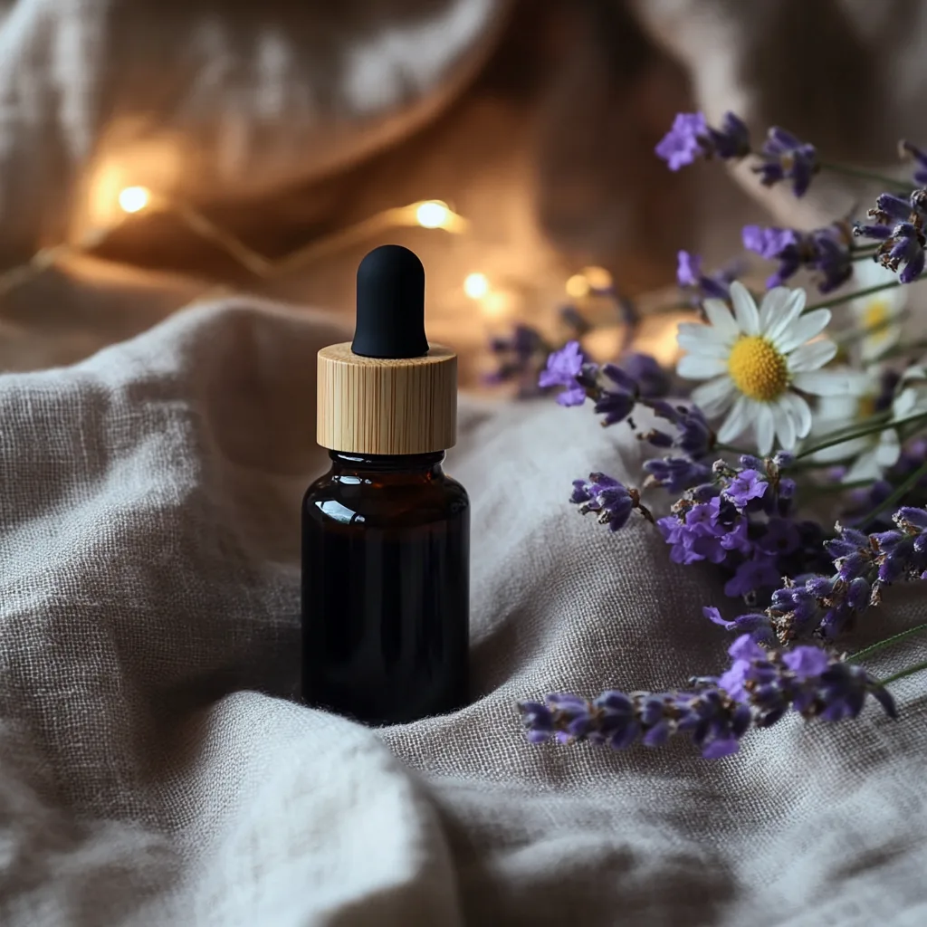 10 Essential Oil Blends for Anxiety and Panic Attacks 4 A frosted amber bottle of essential oil blend for anxiety relief, placed on a linen cloth. Nearby are clary sage essential oil, chamomile flowers, and a burning candle, evoking calming and relaxing nighttime support.