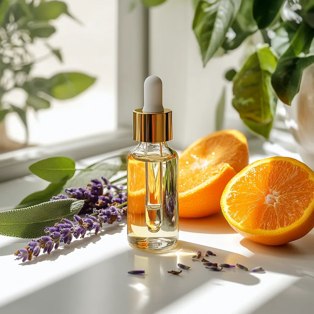 10 Essential Oil Blends for Anxiety and Panic Attacks 5 A clear glass dropper bottle of essential oil blend for anxiety, placed on a bright white surface. Fresh oranges, lavender oil, and eucalyptus leaves surround it, promoting mental health and a refreshing start to the day.
