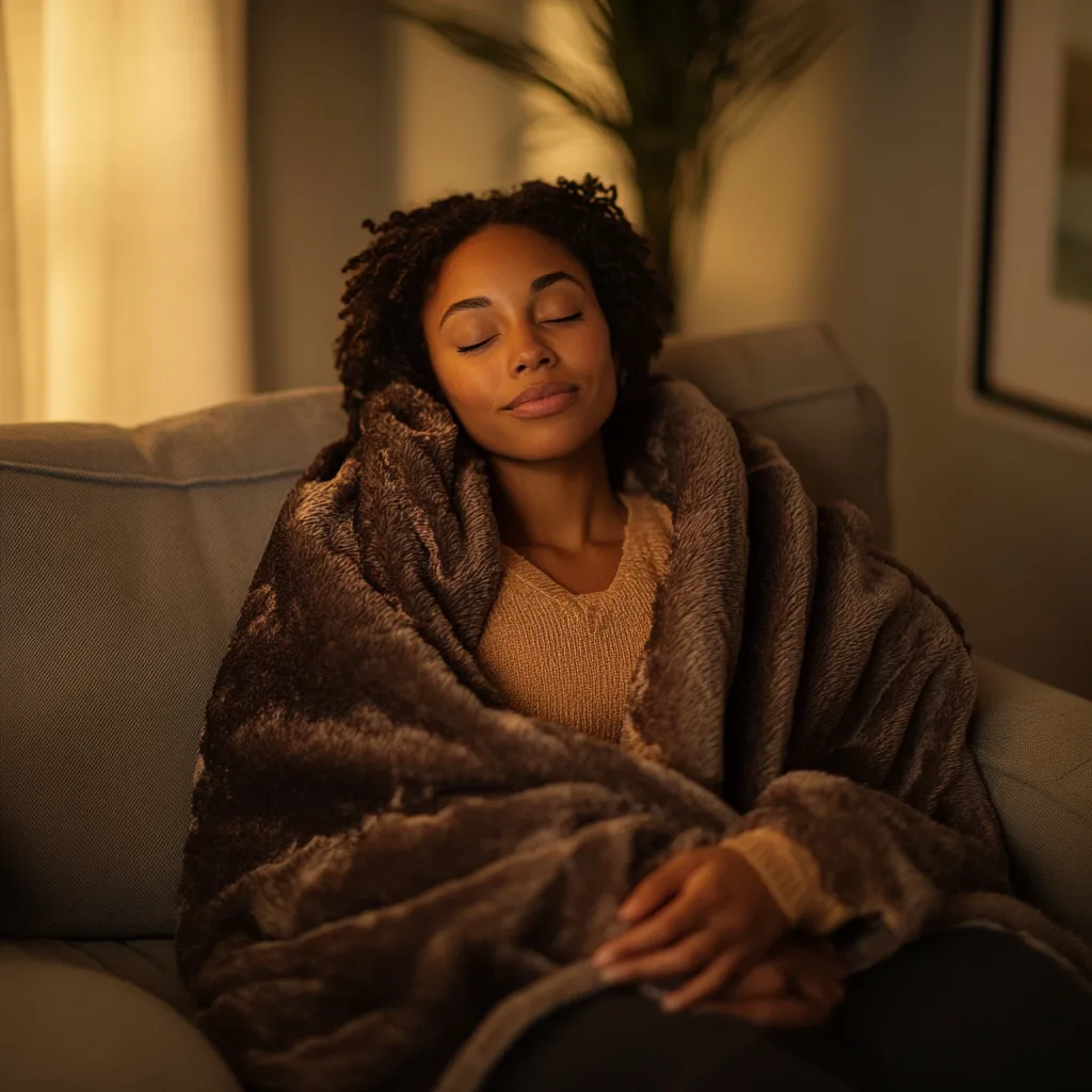 A woman relaxing on a couch, wrapped in a soft, weighted blanket with a peaceful expression, embracing warmth and comfort as part of her self-care routine to ease stress and unwind.