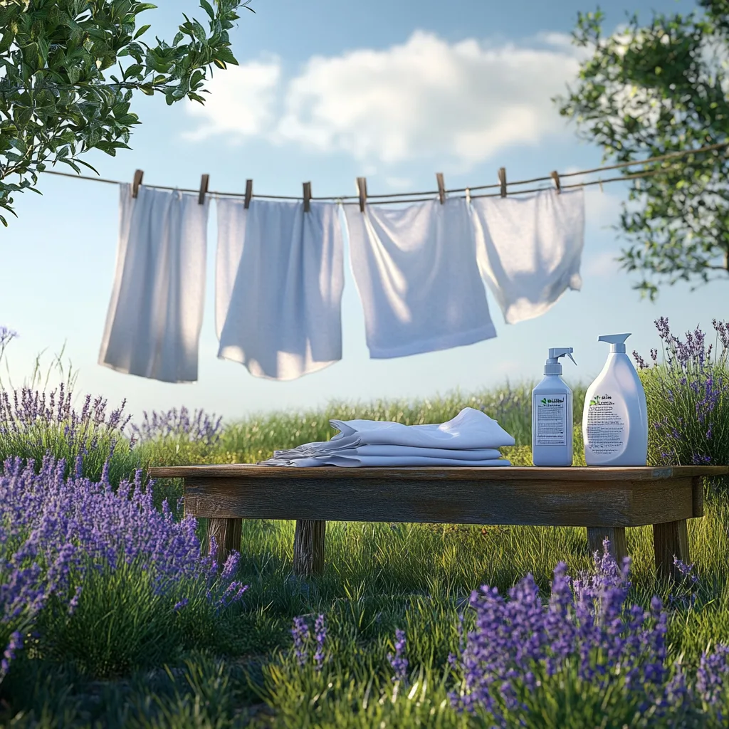 A serene outdoor setting featuring a clothesline with crisp white linens swaying in the breeze. A wooden bench holds folded laundry and bottles of best non-toxic laundry detergents, surrounded by lush lavender fields and green grass. The sky is bright and clear, evoking freshness, cleanliness, and eco-friendly living.