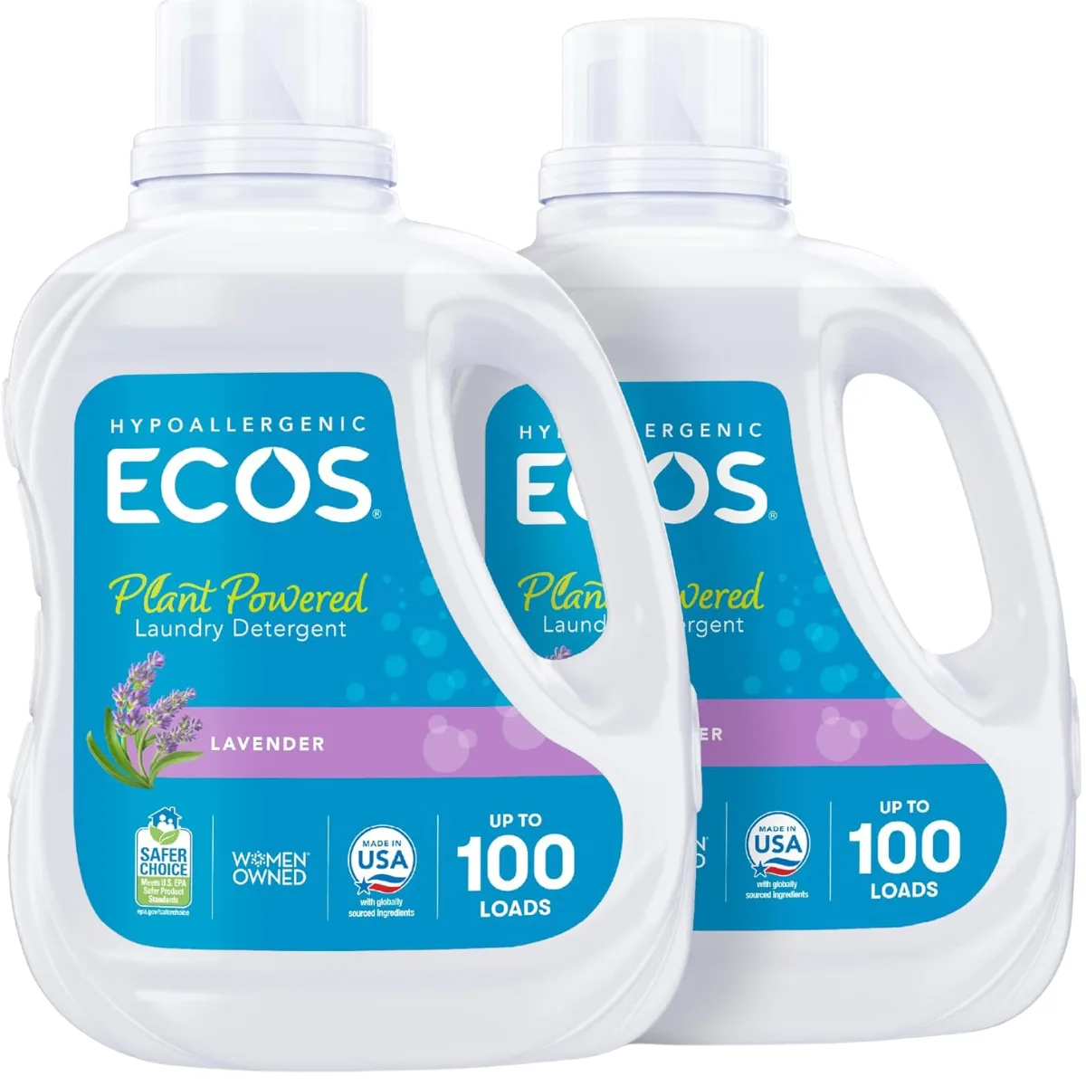 10 Best Non-Toxic Laundry Detergents for a Healthier Home 9 Two bottles of ECOS Plant Powered Laundry Detergent in lavender scent, labeled as a non toxic detergent with plant-based ingredients. The packaging highlights that it is hypoallergenic, eco-friendly, and made in the USA, offering up to 100 loads per bottle.
