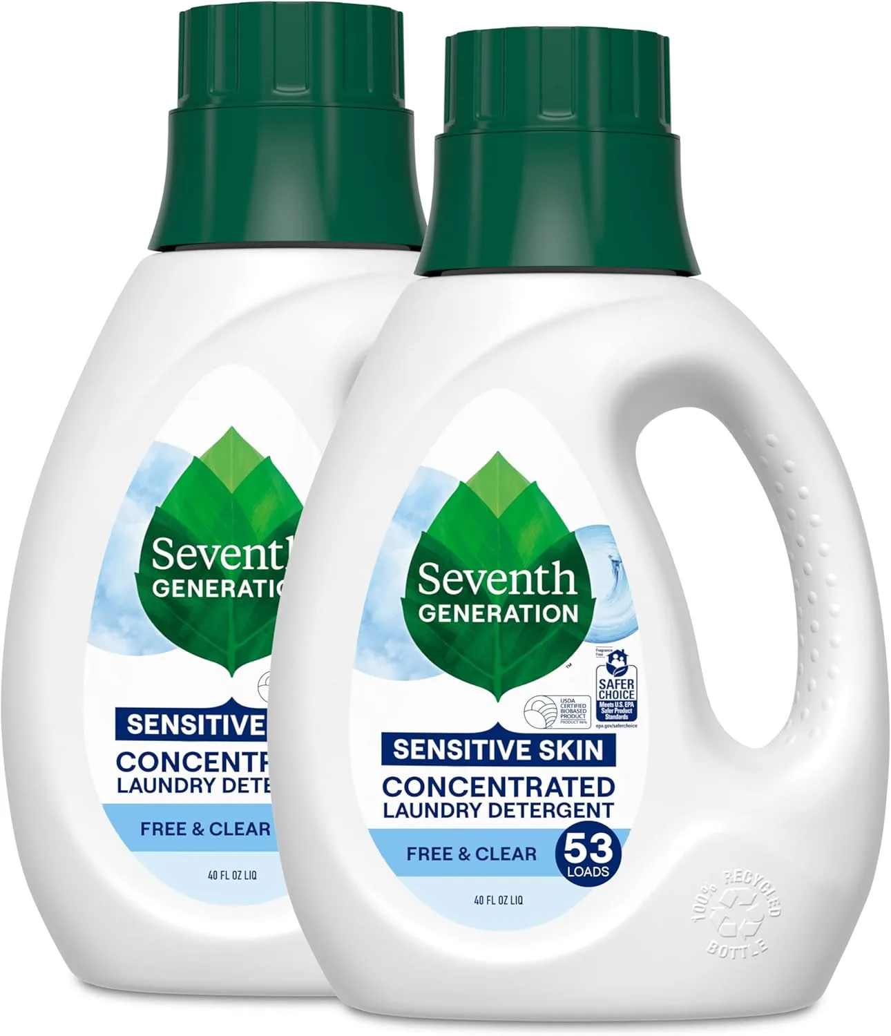 10 Best Non-Toxic Laundry Detergents for a Healthier Home 13 wo bottles of Seventh Generation Sensitive Skin Concentrated Laundry Detergent, Free & Clear formula. Made for sensitive skin, this fragrance-free detergent is hypoallergenic, plant-based, and certified by Safer Choice. The packaging highlights its 53-load capacity and comes in a 100% recycled bottle.