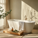 A bright, minimalist bathroom featuring a freestanding white bathtub against a soft beige wall, natural sunlight streaming through sheer curtains, a wooden bath tray placed beside the tub holding plain glass jars and an amber bottle, with eucalyptus leaves adding a fresh, earthy touch to the serene, spa-like atmosphere.
