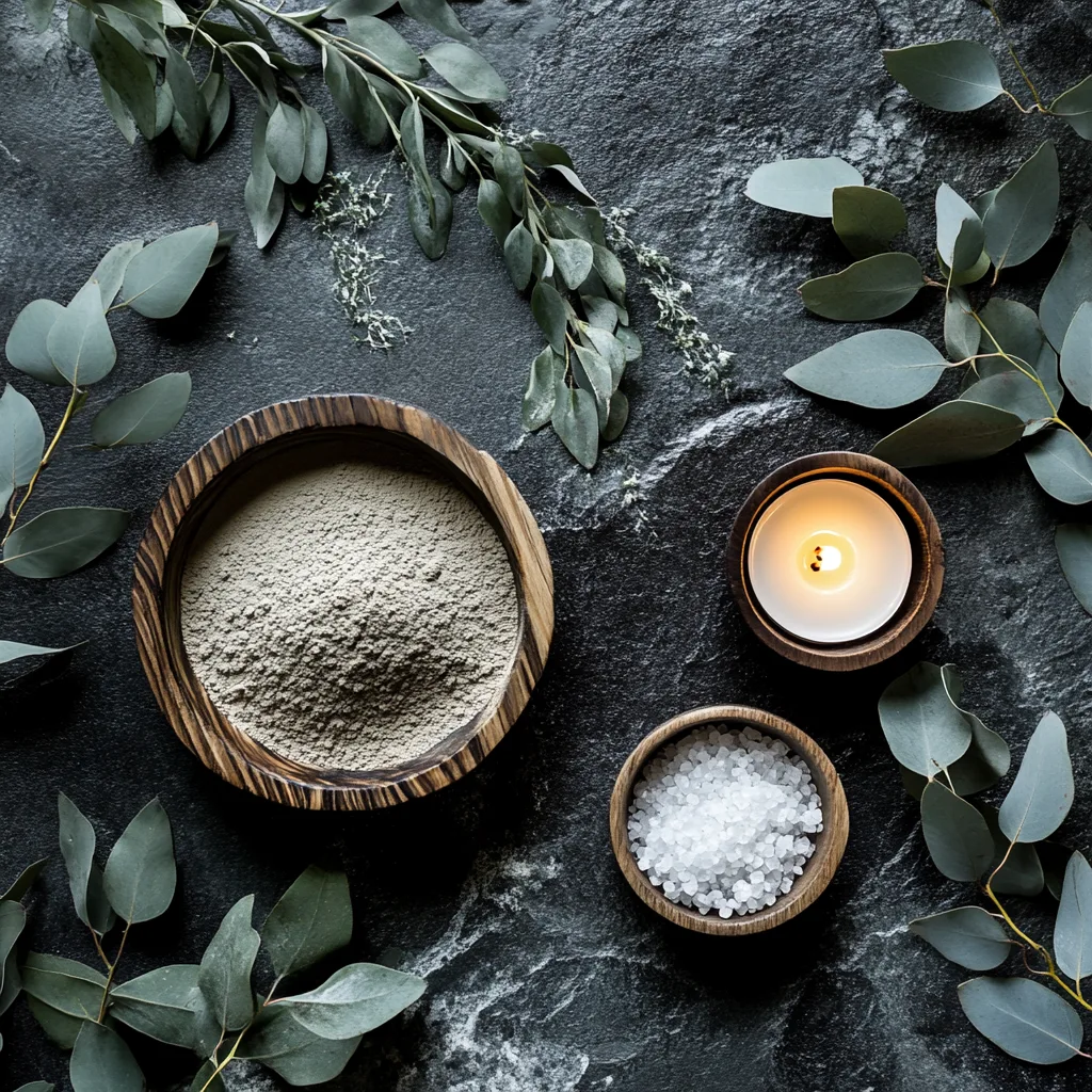 A rich natural wellness scene featuring a wooden bowl of bentonite clay powder, a bowl of Epsom salt, a lit candle, and fresh eucalyptus on a dark stone surface, perfect for a bentonite clay detox bath recipe.