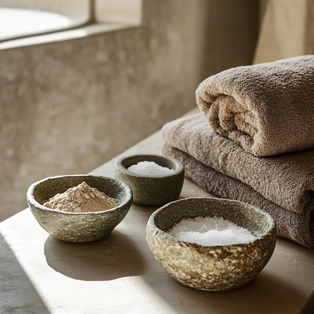 A natural spa scene with stone bowls of bentonite clay, Epsom salt, and baking soda, placed beside thick folded towels, captured for a heavy metal detox bath recipe.