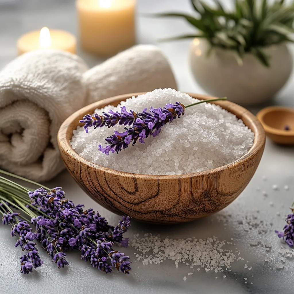 A cozy wellness flat lay featuring a wooden bowl filled with coarse Epsom salt, lavender sprigs, rolled towels, and candlelight, representing a classic reset detox bath recipe.