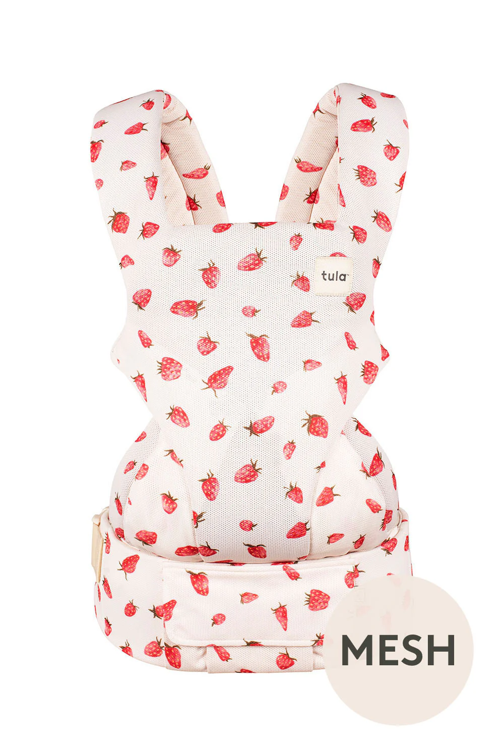 Tula Explore Baby Carrier in a white mesh fabric with a playful strawberry print, featuring padded shoulder straps and supportive waistband for breathable, comfortable babywearing.