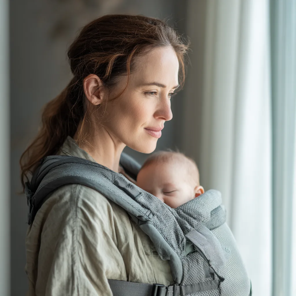 Babywearing 101 - What I Wish I Knew as a First-Time Mom 1 A mother in her early thirties standing by a bright window, wearing her baby in a soft gray baby carrier for newborns. The structured baby carrier features padded straps for comfort and support, highlighting safe babywearing for early infancy.
