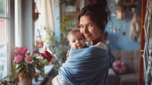 Smiling mom holding her baby in a light blue baby carrier wrap near a sunny window filled with plants and flowers. The image captures cozy, hands-free babywearing wraps ideal for bonding with a newborn at home.