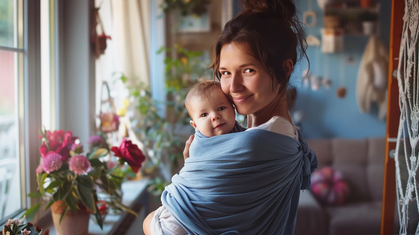 Smiling mom holding her baby in a light blue baby carrier wrap near a sunny window filled with plants and flowers. The image captures cozy, hands-free babywearing wraps ideal for bonding with a newborn at home.