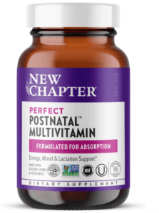 New Chapter Perfect Postnatal Multivitamin bottle formulated for energy mood and lactation support for breastfeeding moms