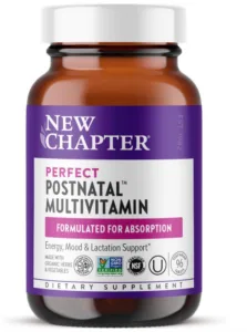 New Chapter Perfect Postnatal Multivitamin bottle formulated for energy mood and lactation support for breastfeeding moms