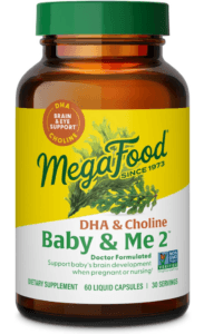 MegaFood Baby and Me 2 DHA and Choline supplement bottle to support brain development and milk supply while nursing