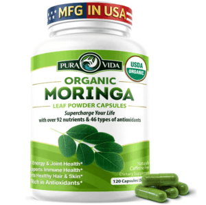 Pura Vida organic moringa leaf powder capsules used to increase milk supply and support hormone balance while breastfeeding