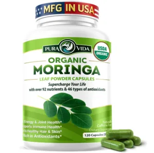 Pura Vida organic moringa leaf powder capsules used to increase milk supply and support hormone balance while breastfeeding