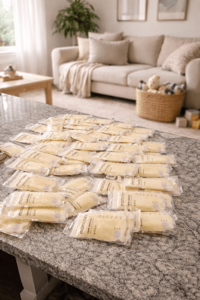 How to Increase Milk Supply (What Worked for Me) 1 Breast milk stash in storage bags on kitchen counter showing results of how to increase milk supply through consistent pumping and routine.