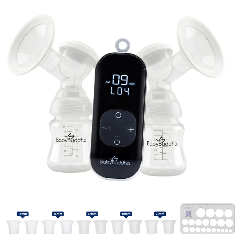 Baby Buddha 2.0 breast pump with double flanges, bottles, and 13mm to 21mm flange sizing kit
