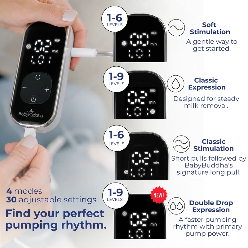 Is the BabyBuddha 3.0 a Good Primary Breast Pump? 5 BabyBuddha 3.0 showing four pumping modes and 30 adjustable settings